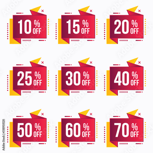 modern sale tags and discount stickers set vector badges with different percent discounts. super sale up to 10, 15, 20,  30, 40, 50, and 70 percent off offer banner
