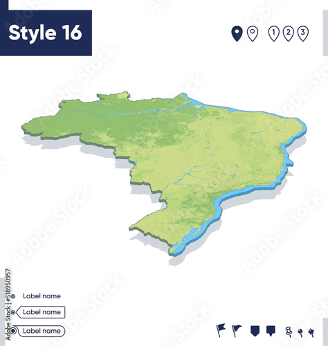Brazil - map with shaded relief, land cover, rivers, mountains. Biome map with shadow.
