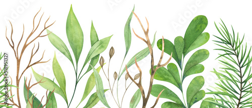 Watercolor vegetable seamless border. Dry branches, pine branches, lingonberries, green leaves. Decorative frame.