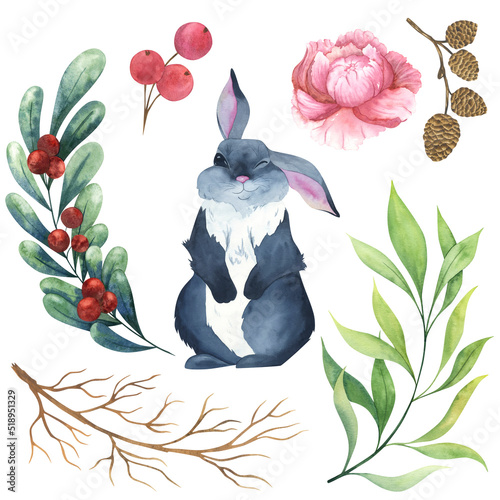 A watercolor set of holiday elements. Gray rabbit, pink peony, lingonberry, aspen cones and branches. Illustrations for creating cards and patterns.