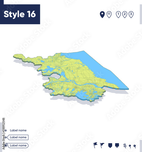 Jiangsu, China - map with shaded relief, land cover, rivers, mountains. Biome map with shadow. © Александр Филинков