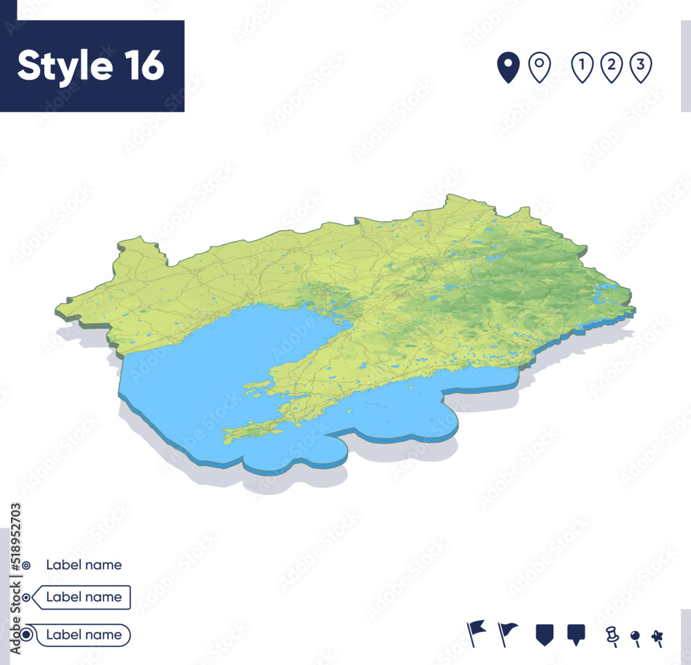 Liaoning, China - map with shaded relief, land cover, rivers, mountains. Biome map with shadow.
