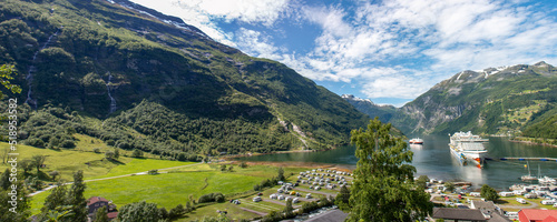 Geiranger panorama view from Storseterfossen (also Storsæterfossen) Møre og Romsdal at Geirangerfjorden in Norway (Norwegen, Norge or Noreg)