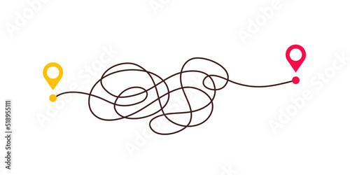 Difficult way, chaos path from point A to B. Complex chaos simplifying concept. Easy simple way. Vector illustration