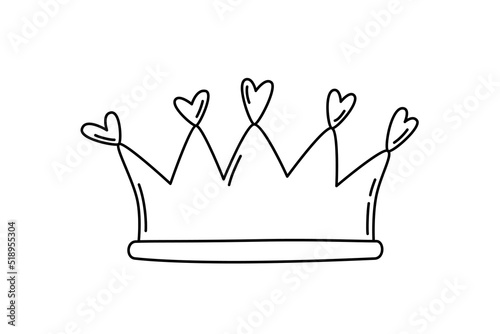 Cute Doodle Royal King, Queen, Princess Crown Icon, Isolated on White, Vector Icon with Hearts. Flat Cartoon Illustration, Clipart.