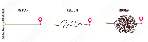 Complicated way and simple path from point A to B. Plans and real life chaos simplifying. Curved dashed line. Vector illustration