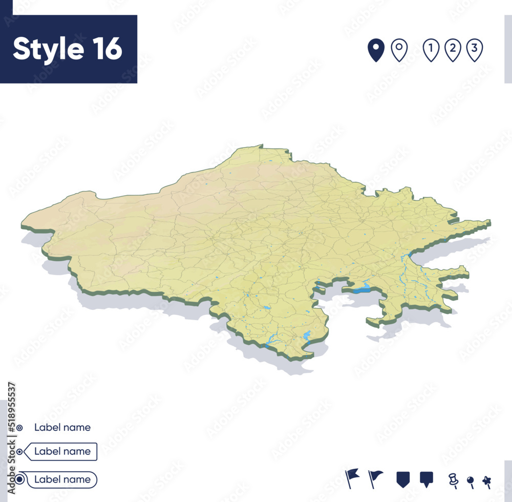Obraz premium Rajasthan, India - map with shaded relief, land cover, rivers, mountains. Biome map with shadow.