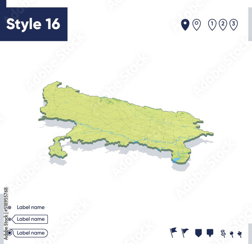 Uttar Pradesh, India - map with shaded relief, land cover, rivers, mountains. Biome map with shadow.