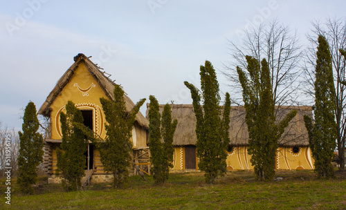 Restored houses of Trypillian culture in Trypillya, Ukraine photo