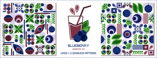 Set of seamless patterns and logo with blueberries in simple geometric style. Abstract shapes. Good for branding, decoration of food package, cover design, decorative home kitchen prints, background.