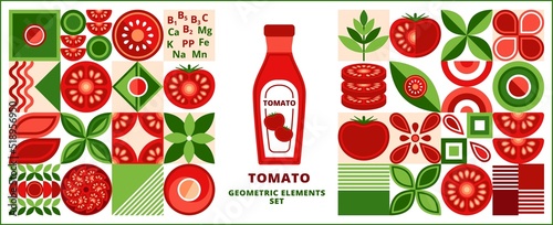 Bundle of design elements, logo with tomato in simple geometric style. Abstract shapes. Good for branding, decoration of food package, cover design, decorative print, background.