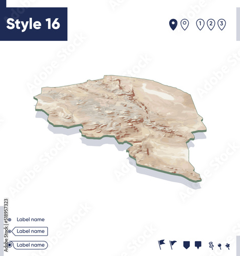Kerman, Iran - map with shaded relief, land cover, rivers, mountains. Biome map with shadow.