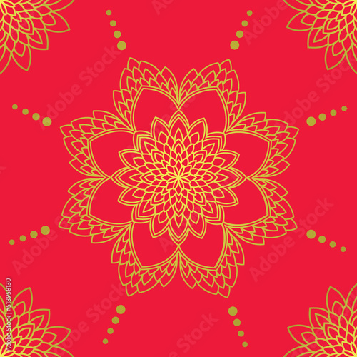 Seamless vector pattern with hand drawn mandala design with floral and dots. isolated on a red pink background. Perfect for printing on fabric or paper. photo