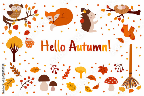 Hello Autumn poster, banner with autumn vector elements