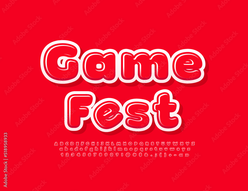 Vector happy poster Game Fest. Bright Red Alphabet Letters and Numbers. Creative glossy Font