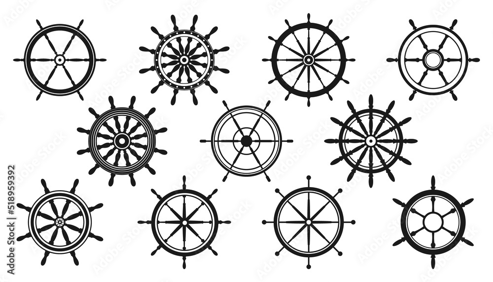 Collection of vintage steering wheels. Ship, yacht retro wheel symbol. Nautical rudder icon. Marine design element. Vector illustration