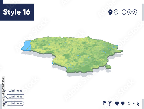 Lithuania - map with shaded relief, land cover, rivers, mountains. Biome map with shadow.