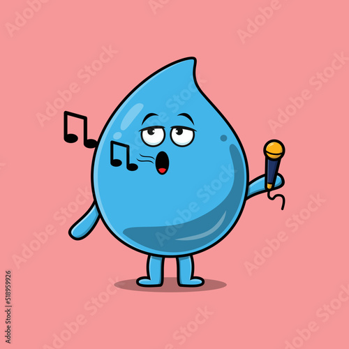 Cute cartoon water drop singer character holding mic in flat modern style design