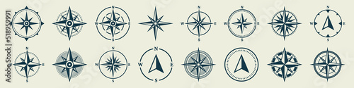 Vintage marine wind rose, nautical chart. Monochrome navigational compass with cardinal directions of North, East, South, West. Geographical position, cartography and navigation. Vector illustration.