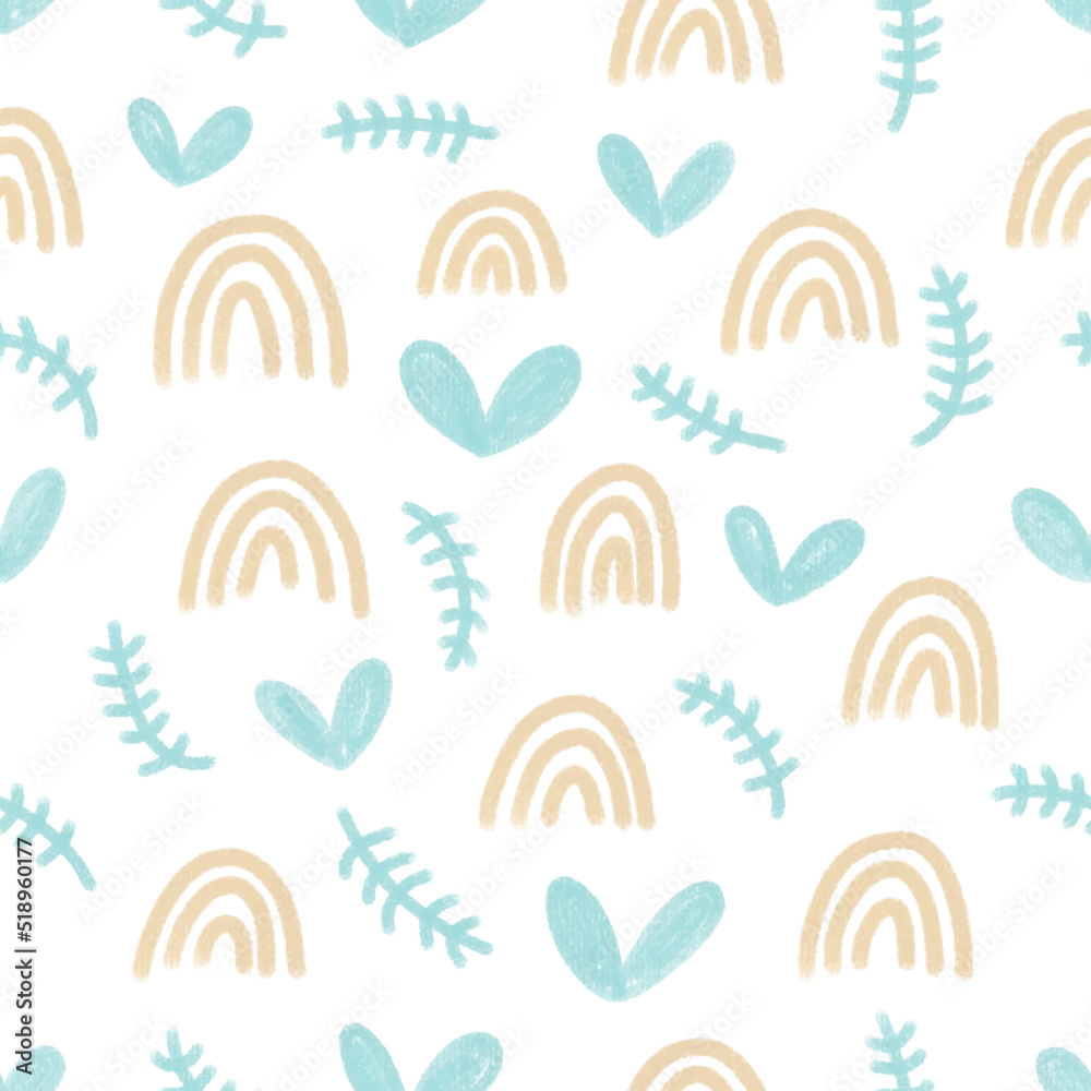 Delicate children's Scandinavian pattern on a white background. Pastel spring rainbows, hearts and twigs in watercolor style for postcards, wrappers, textiles, decor, interior, kids Delicate children's Scandinavian pattern on a white background. Pastel spring rainbows, hearts and twigs in watercolor style for postcards, wrappers, textiles, decor, interior, kids