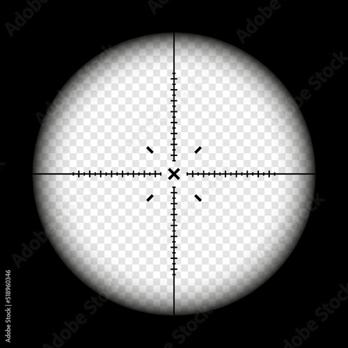 Weapon sight, sniper rifle optical scope on black background. Hunting gun viewfinder with crosshair. Aim, shooting mark symbol. Military target sign, silhouette. Game UI element. Vector illustration