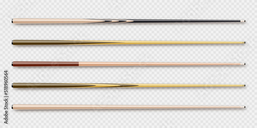Various wooden billiard cues. Snooker sports equipment. Vintage pool cue. Active recreation and entertainment. Vector illustration