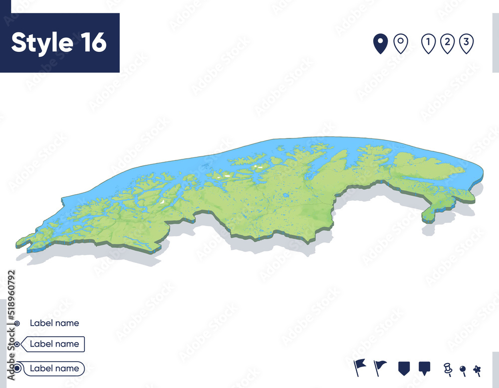 Obraz premium Troms Og Finnmark, Norway - map with shaded relief, land cover, rivers, mountains. Biome map with shadow.