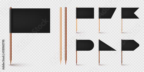 Realistic various toothpick flags. Wooden toothpicks with black paper flag. Location mark, map pointer. Blank mockup for advertising and promotions. Vector illustration