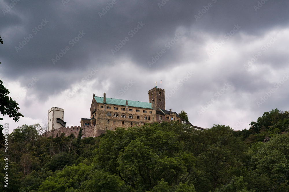 Classic panoramic view of Wartburg Castle in the Thuringian Forest near Eisenach, Thuringia, Germany