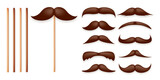 Realistic fake mustache on a wooden stick. Vintage paper mustache for carnival or holiday. Various brown facial hair, fashionable hipster beard. Vector illustration