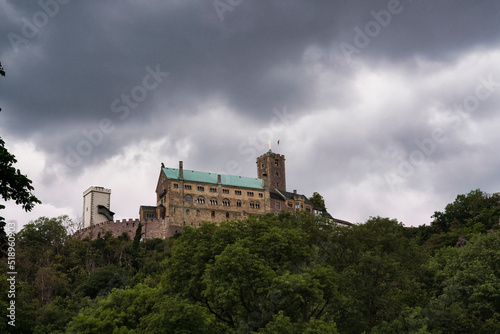 Classic panoramic view of Wartburg Castle in the Thuringian Forest near Eisenach, Thuringia, Germany