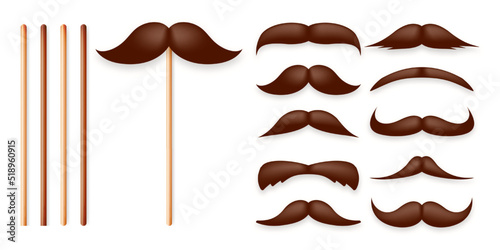 Realistic fake mustache on a wooden stick. Vintage paper mustache for carnival or holiday. Various brown facial hair, fashionable hipster beard. Vector illustration