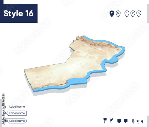 Oman - map with shaded relief, land cover, rivers, mountains. Biome map with shadow.