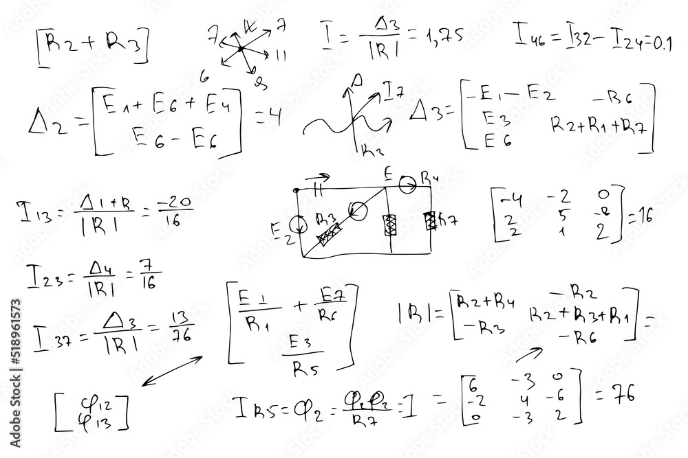 radio engineering schemes. electronic formulas and expressions. scientific and educational background. hand-drawn. vector..