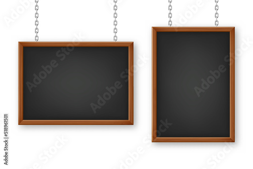 Signboards in a wooden frame hanging on a metal chain. Restaurant menu board. School chalkboard, writing surface for text or drawing. Blank advertising or presentation boards. Vector illustration