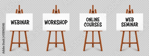 Realistic paint desk with text on white canvas. Wooden easel and a sheet of drawing paper. Presentation board on a tripod. Distance education, online courses and e-learning. Vector illustration