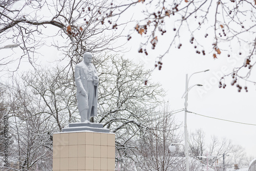 Taras Hryhorovych Shevchenko monument covered with snow at winter day with some trees on background photo