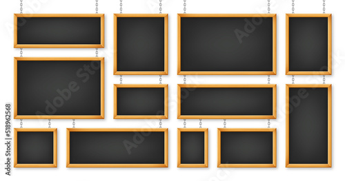 Signboards in a wooden frame hanging on a metal chain. Restaurant menu board. School chalkboard, writing surface for text or drawing. Blank advertising or presentation boards. Vector illustration