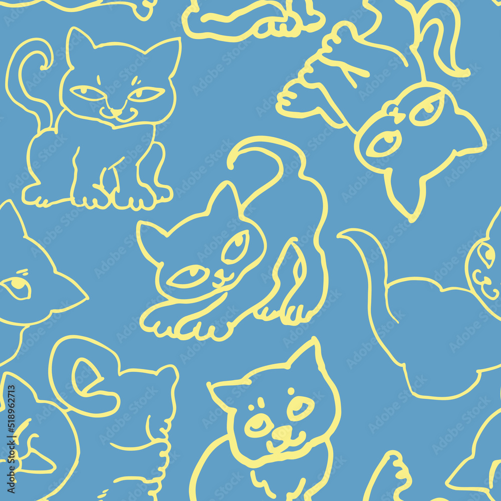 Fototapeta premium Cute cats pattern for wallpaper, wrapping paper, textile fabric print, pet shop, baby shower, kids room, children theme background. Decorative colourful hand drawn illustration. Line vector drawing.