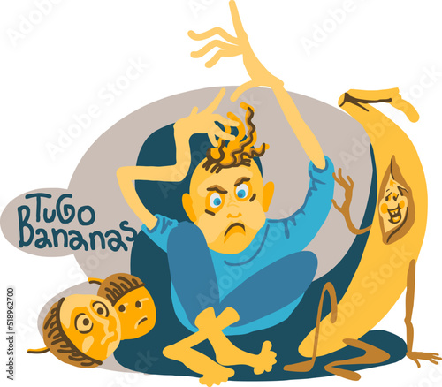 To go bananas. A funny picture about a crazy man who talks to a banana and nuts.