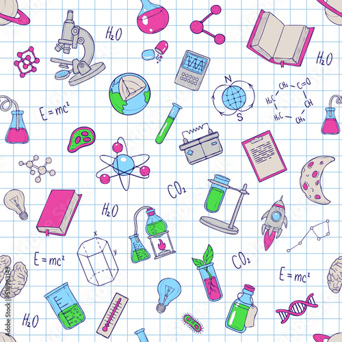 Vector sience semless pattern with school and academy supples. Repeat ornament with textured background. Doodle design by blue ball pen on notepad. Back to school pattern. Medicine and lab elements.