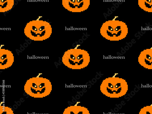 Pumpkin cartoon character seamless pattern on black background. Pixel style