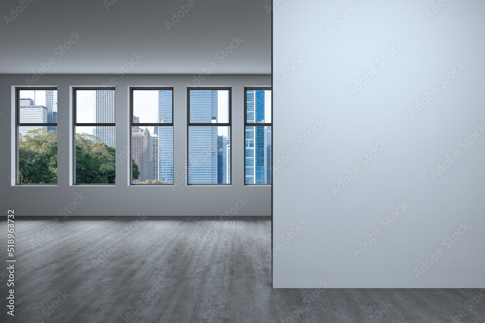 Downtown Chicago City Skyline Buildings Window background. Copy space white wall. Empty room Interior Skyscrapers View. Mockup concept. Day time. 3d rendering. Downtown Chicago City Skyline Buildings Window background. Copy space white wall. Empty room Interior Skyscrapers View. Mockup concept. Day time. 3d rendering.