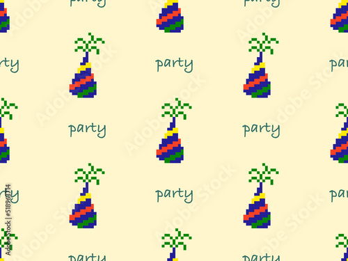 Party cartoon character seamless pattern on yellow background. Pixel style