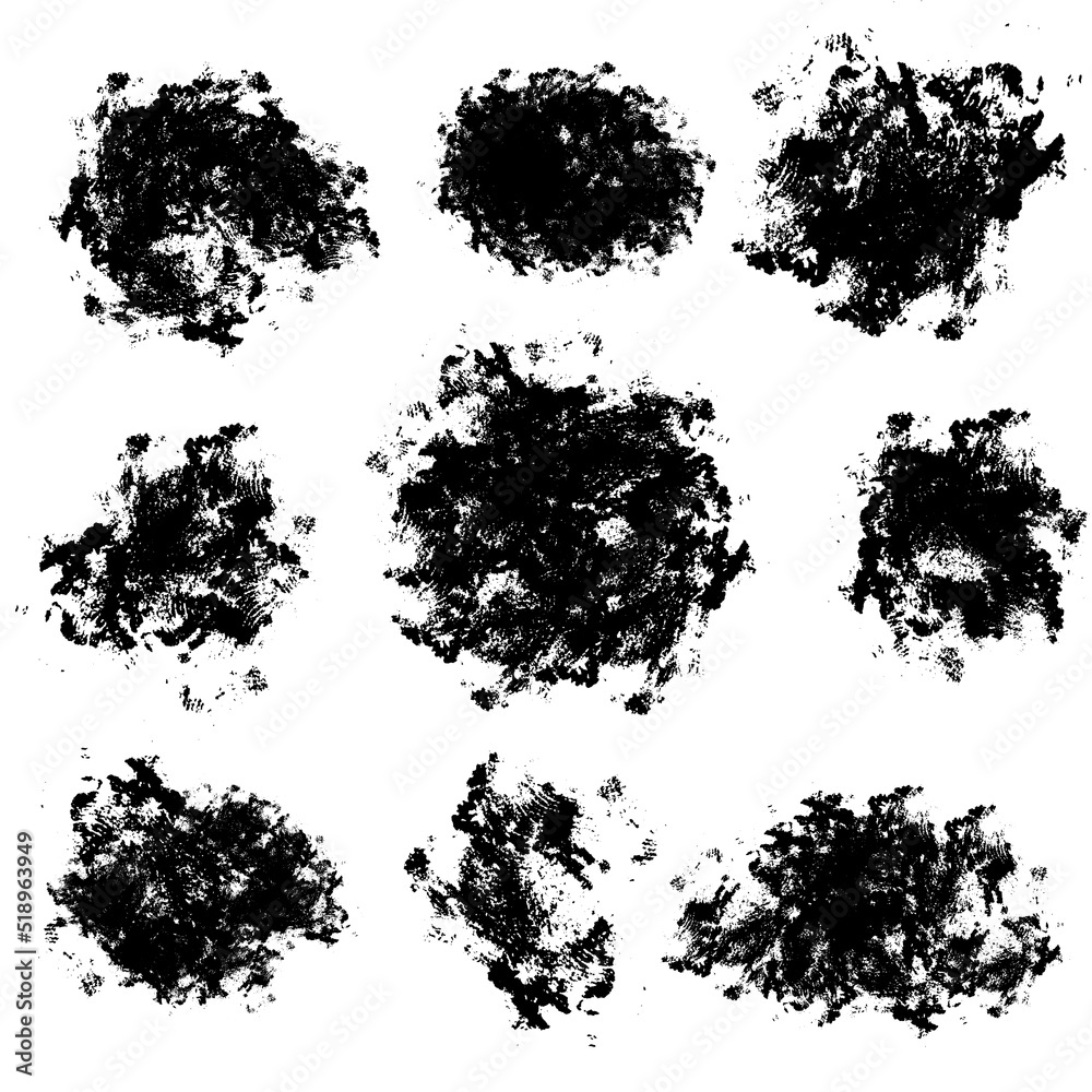 Set of 9 abstract messy hand-drawn grungy textured black stains isolated on white background. Collection of round dry brush stroke graphic design elements. Paintbrush imprints pack. Monochrome spots. Set of 9 abstract messy hand-drawn grungy textured black stains isolated on white background. Collection of round dry brush stroke graphic design elements. Paintbrush imprints pack. Monochrome spots.
