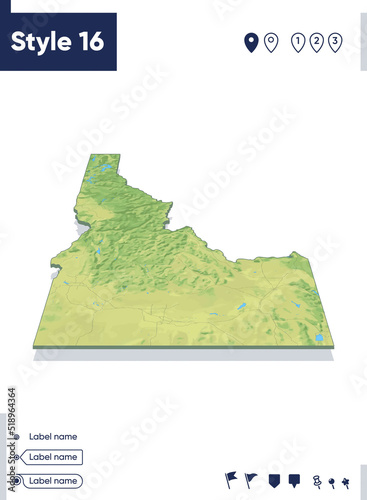 Idaho, USA - map with shaded relief, land cover, rivers, mountains. Biome map with shadow.