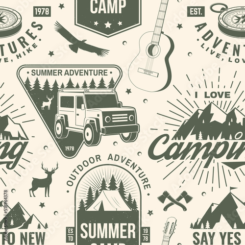 Outdoor adventure seamless pattern, background. Vector illustration. Vintage typography design with compass, guitar, camping caravan car, tent, mountain, axe and forest silhouette.