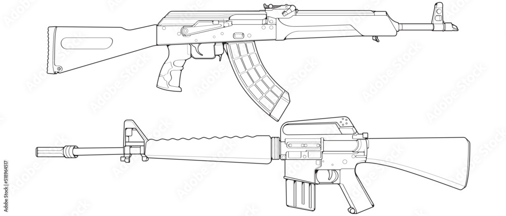 Set of firearms line art style, Shooting gun, Weapon illustration, Vector Line, Gun illustration, Modern Gun, Military concept, Pistol line art for training
