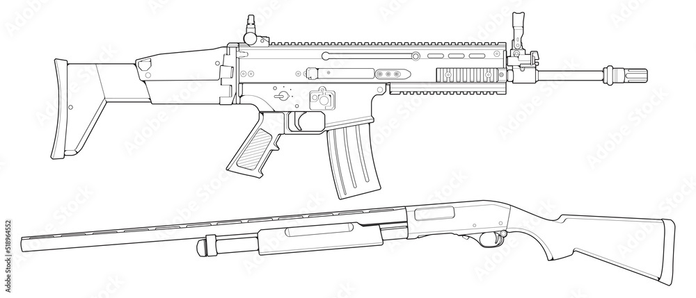 Set of firearms line art style, Shooting gun, Weapon illustration, Vector Line, Gun illustration, Modern Gun, Military concept, Pistol line art for training
