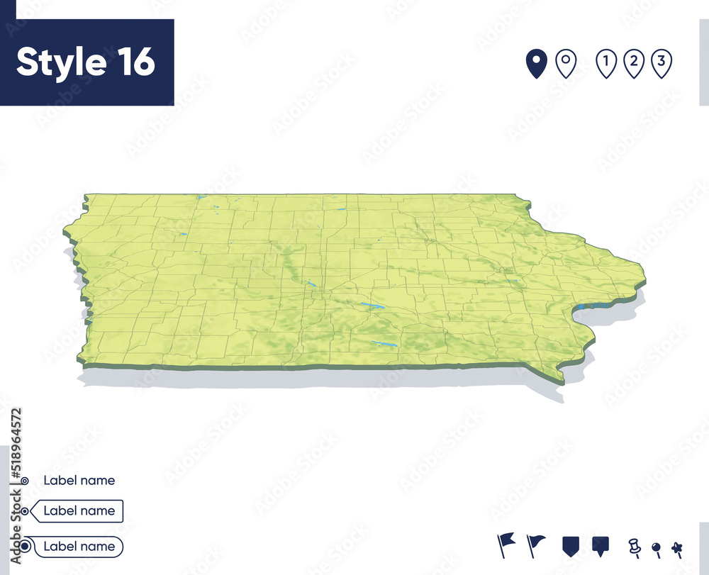 Iowa, USA map with shaded relief, land cover, rivers, mountains